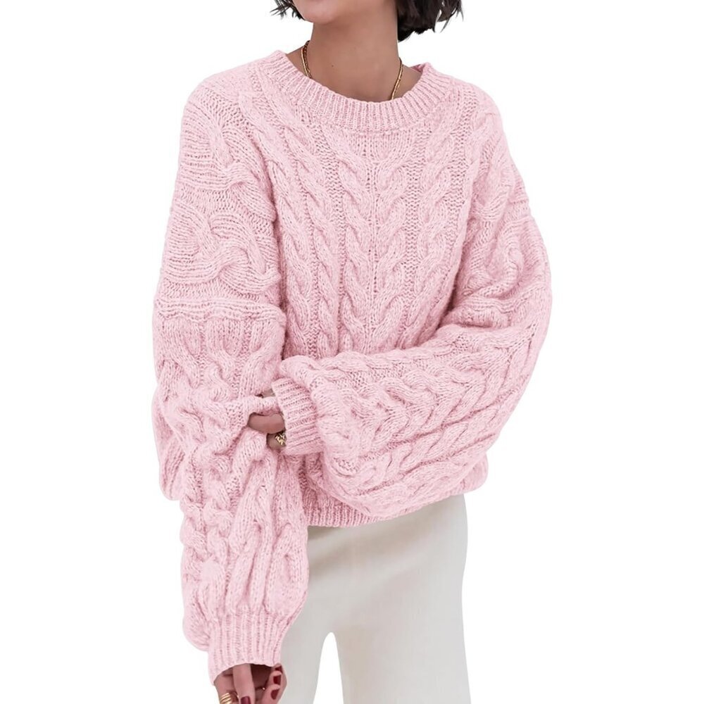 Women's Pink Spring Fall Cable Knit Long Sleeve Crew Neck Oversized Sweater